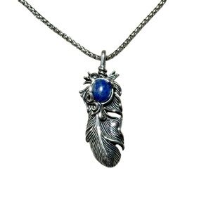 Kalifano Handmade Charm Feather Blue Lapis Stone SS Chain Signed 20” Festival